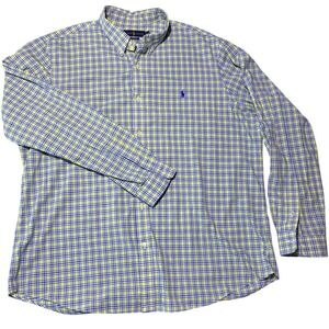 Ralph Lauren Button Plaid Shirt Men's XXL 2Xl Down Blue Yellow Plaid Classic Fit